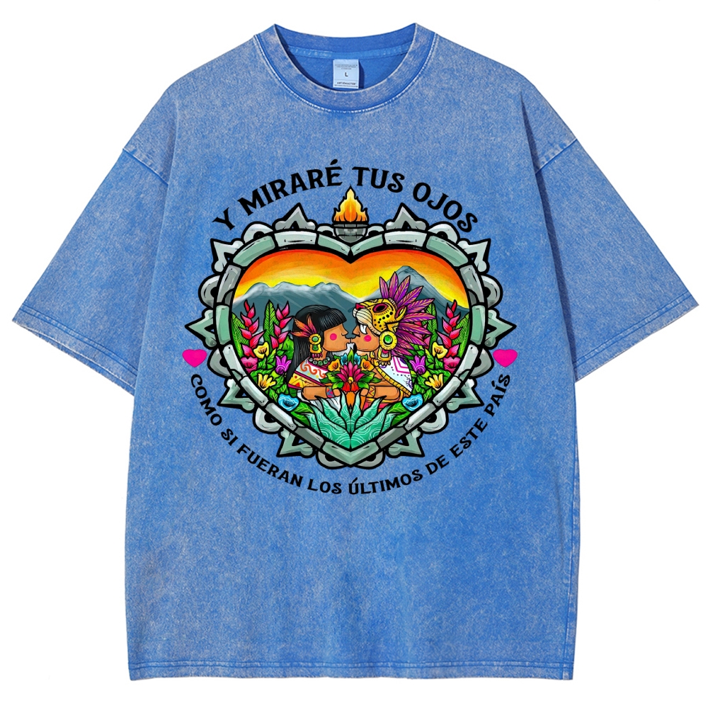 Bright Folk Art Aztec Heart Indigenous Couple Spanish Romantic Poem Denim Vintage Washed T-Shirt