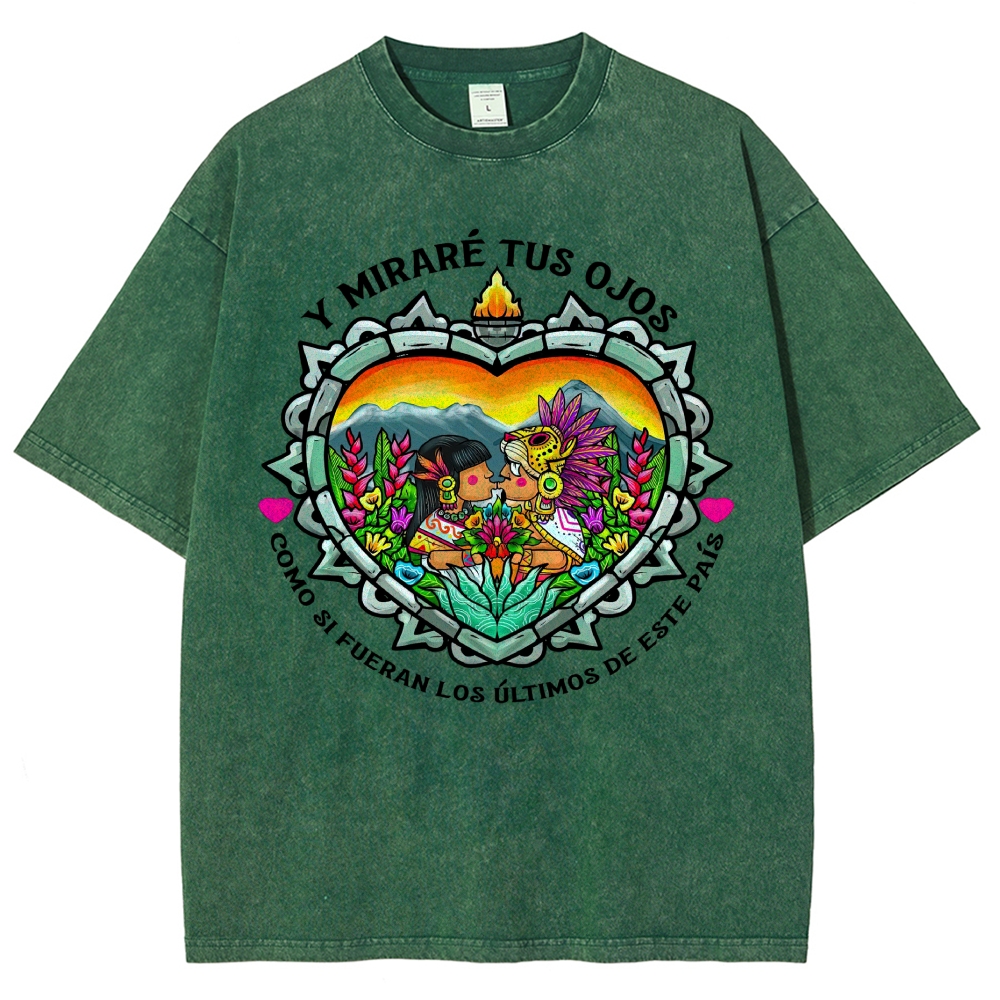 Bright Folk Art Aztec Heart Indigenous Couple Spanish Romantic Poem Denim Vintage Washed T-Shirt