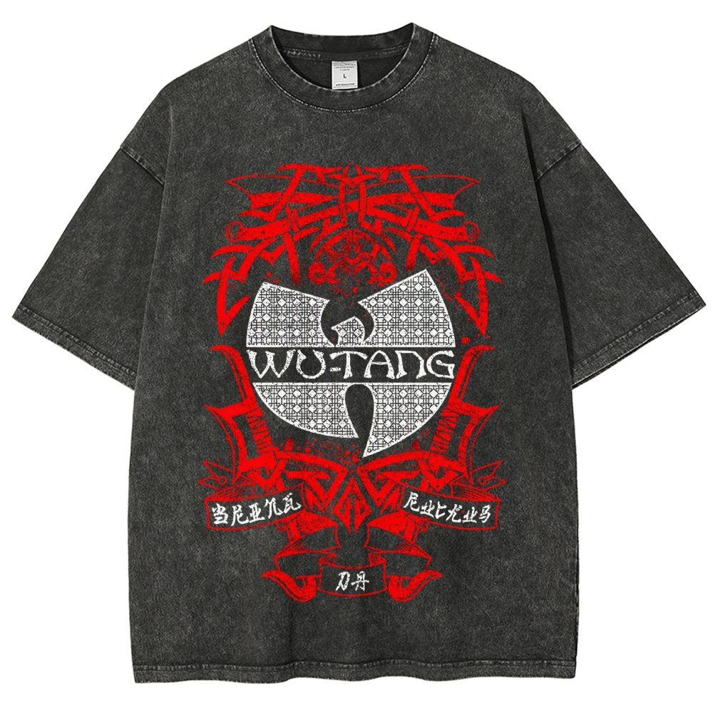 Retro Red Tribal Blade Wu-Tang Clan Logo Chinese Character Cracked Charcoal Vintage Washed T-Shirt