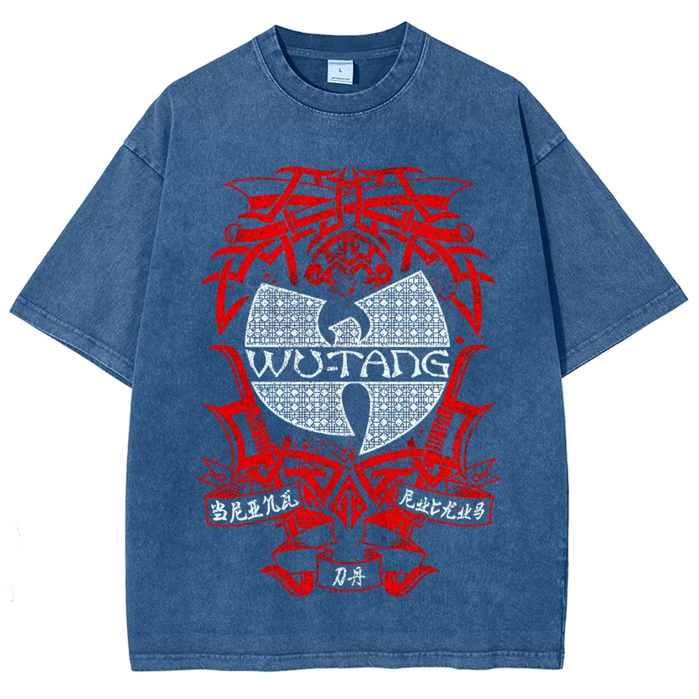 Retro Red Tribal Blade Wu-Tang Clan Logo Chinese Character Cracked Charcoal Vintage Washed T-Shirt