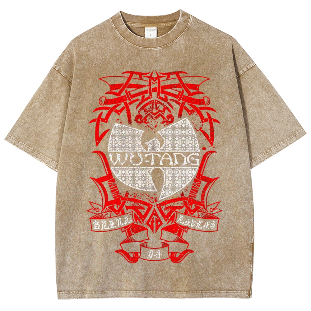 Retro Red Tribal Blade Wu-Tang Clan Logo Chinese Character Cracked Charcoal Vintage Washed T-Shirt