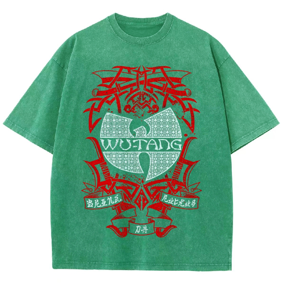 Retro Red Tribal Blade Wu-Tang Clan Logo Chinese Character Cracked Charcoal Vintage Washed T-Shirt