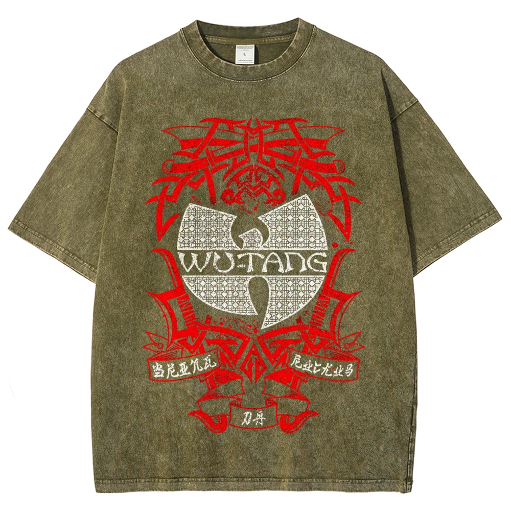 Retro Red Tribal Blade Wu-Tang Clan Logo Chinese Character Cracked Charcoal Vintage Washed T-Shirt