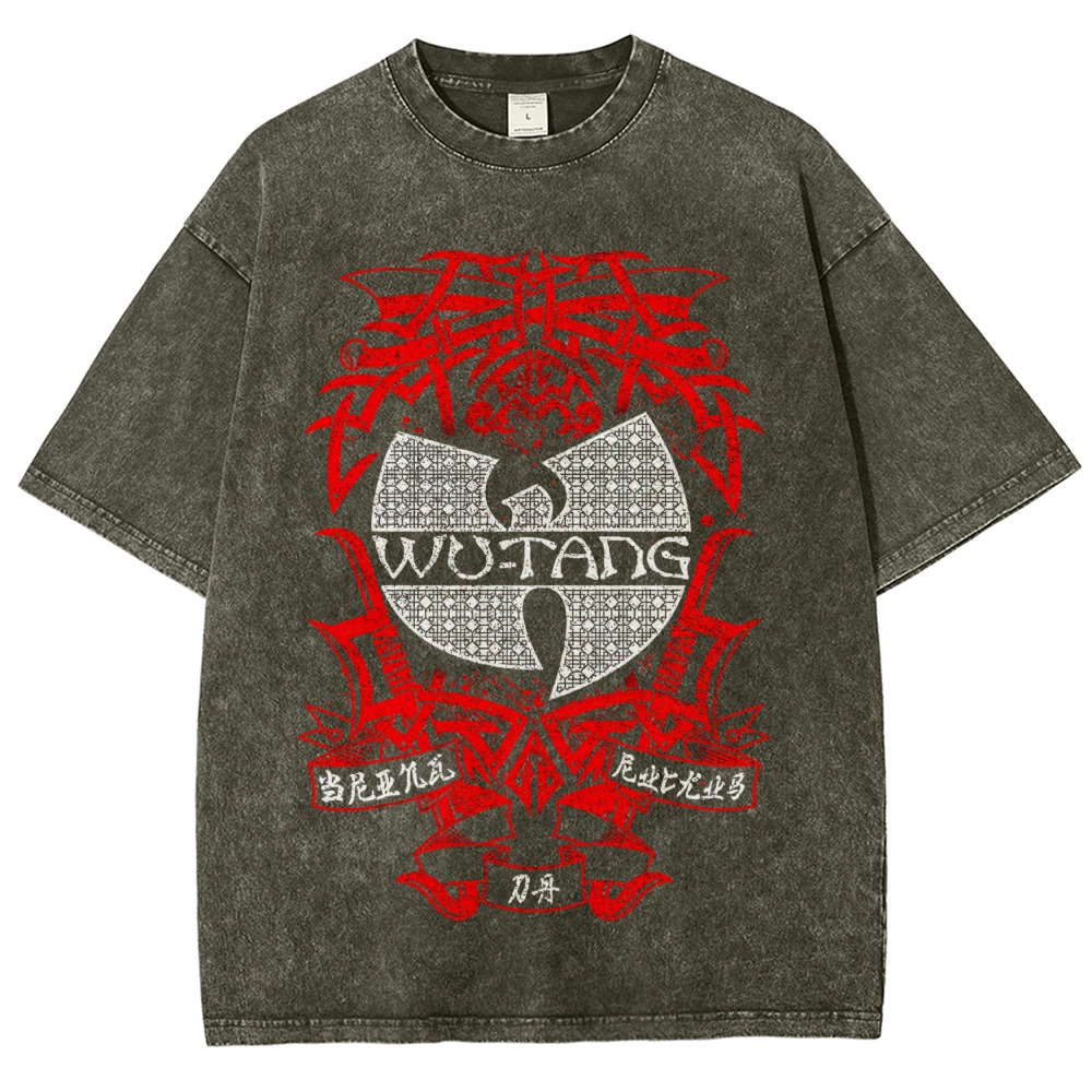 Retro Red Tribal Blade Wu-Tang Clan Logo Chinese Character Cracked Charcoal Vintage Washed T-Shirt
