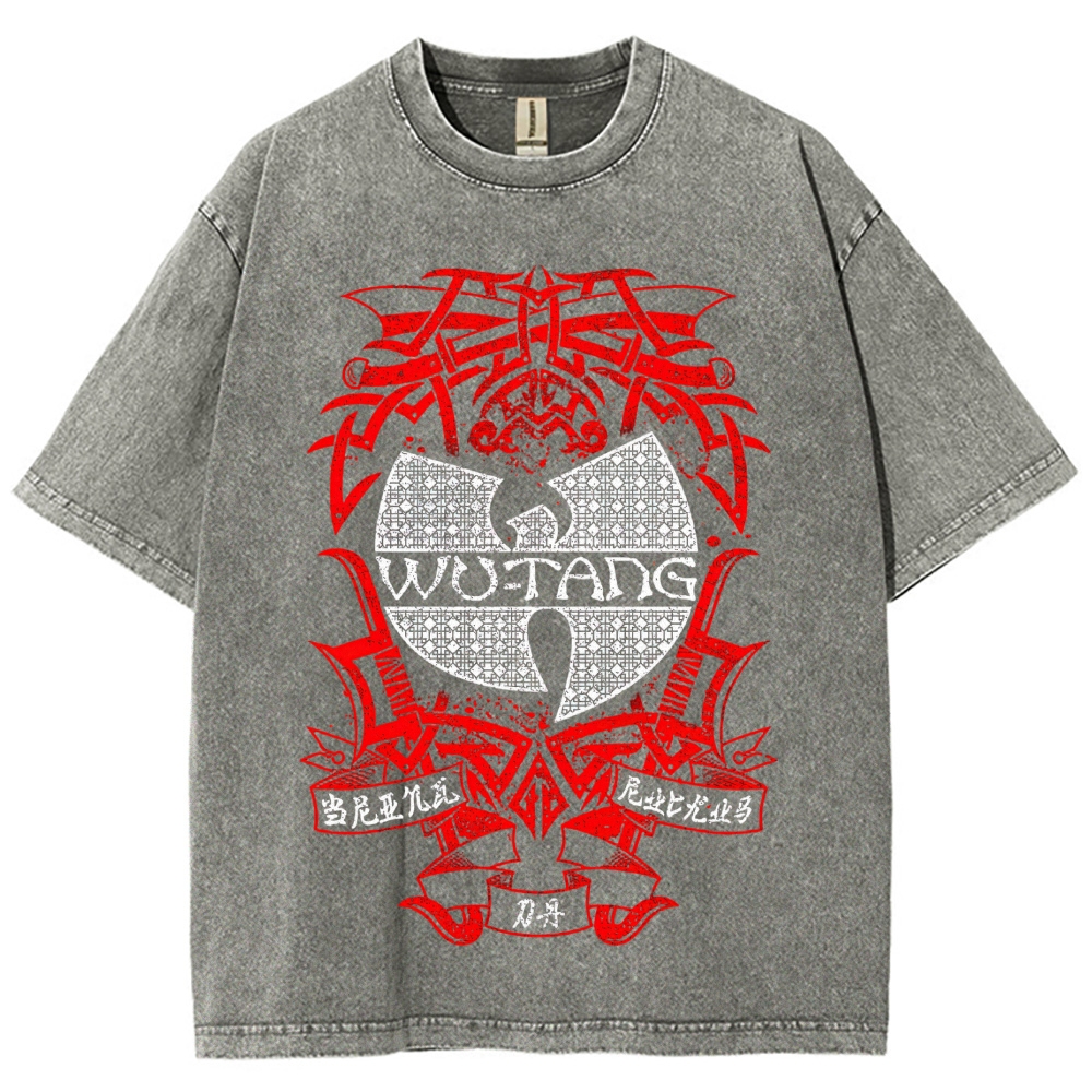Retro Red Tribal Blade Wu-Tang Clan Logo Chinese Character Cracked Charcoal Vintage Washed T-Shirt