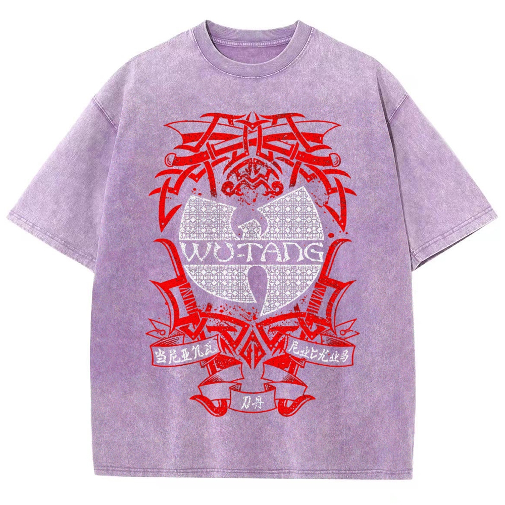 Retro Red Tribal Blade Wu-Tang Clan Logo Chinese Character Cracked Charcoal Vintage Washed T-Shirt