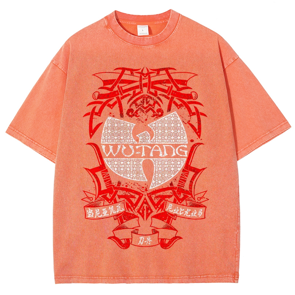 Retro Red Tribal Blade Wu-Tang Clan Logo Chinese Character Cracked Charcoal Vintage Washed T-Shirt