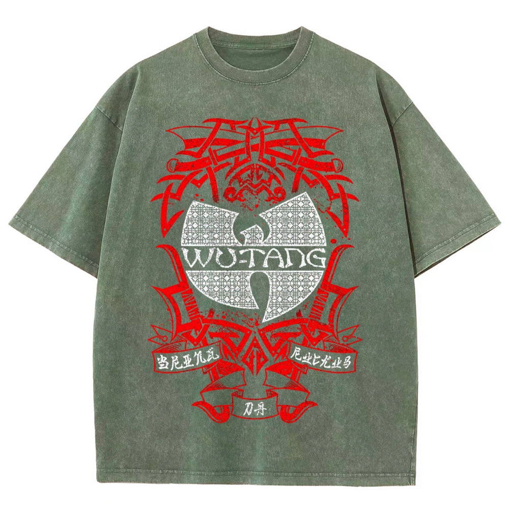 Retro Red Tribal Blade Wu-Tang Clan Logo Chinese Character Cracked Charcoal Vintage Washed T-Shirt