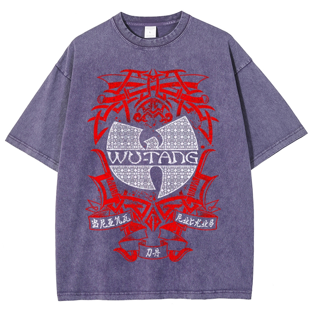 Retro Red Tribal Blade Wu-Tang Clan Logo Chinese Character Cracked Charcoal Vintage Washed T-Shirt