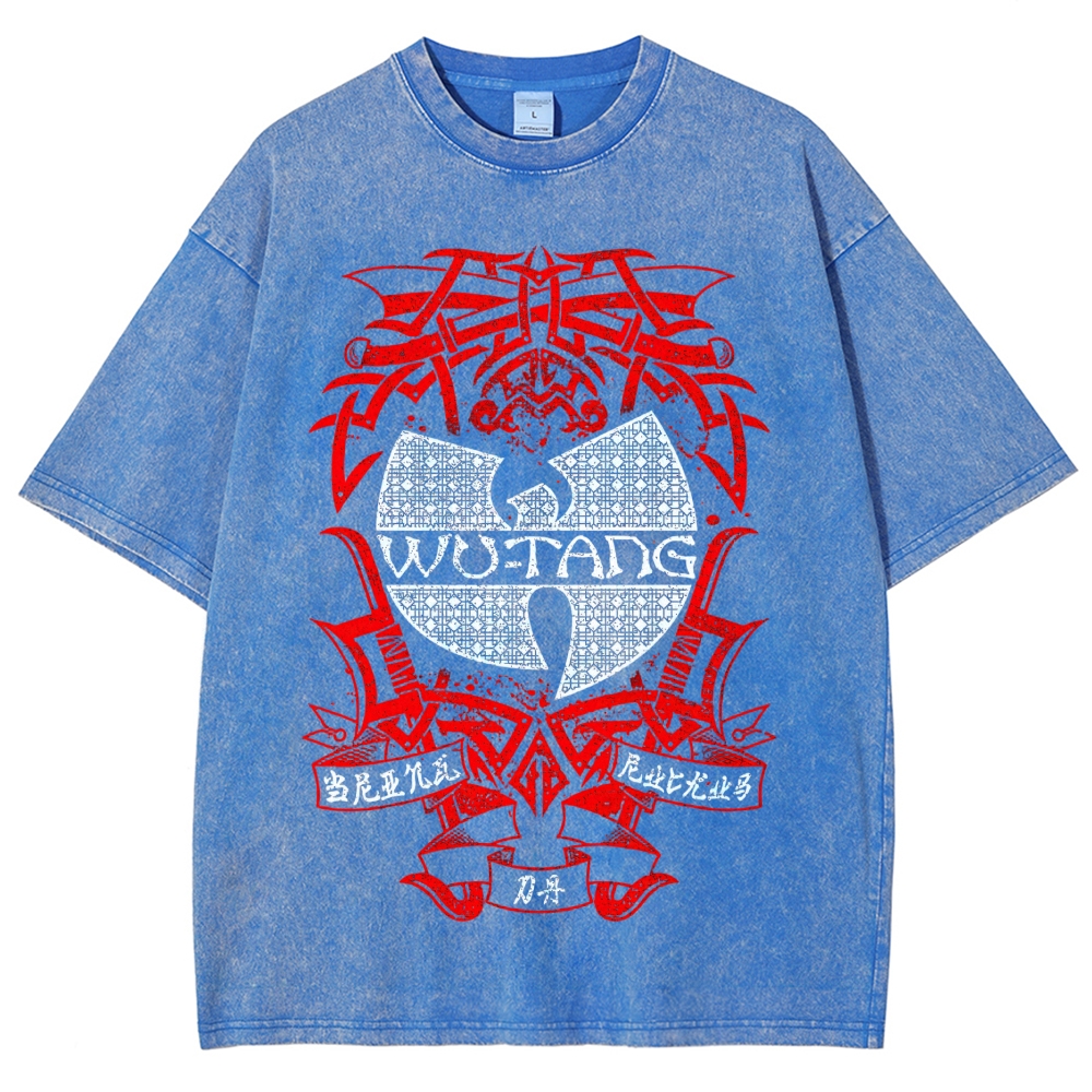Retro Red Tribal Blade Wu-Tang Clan Logo Chinese Character Cracked Charcoal Vintage Washed T-Shirt