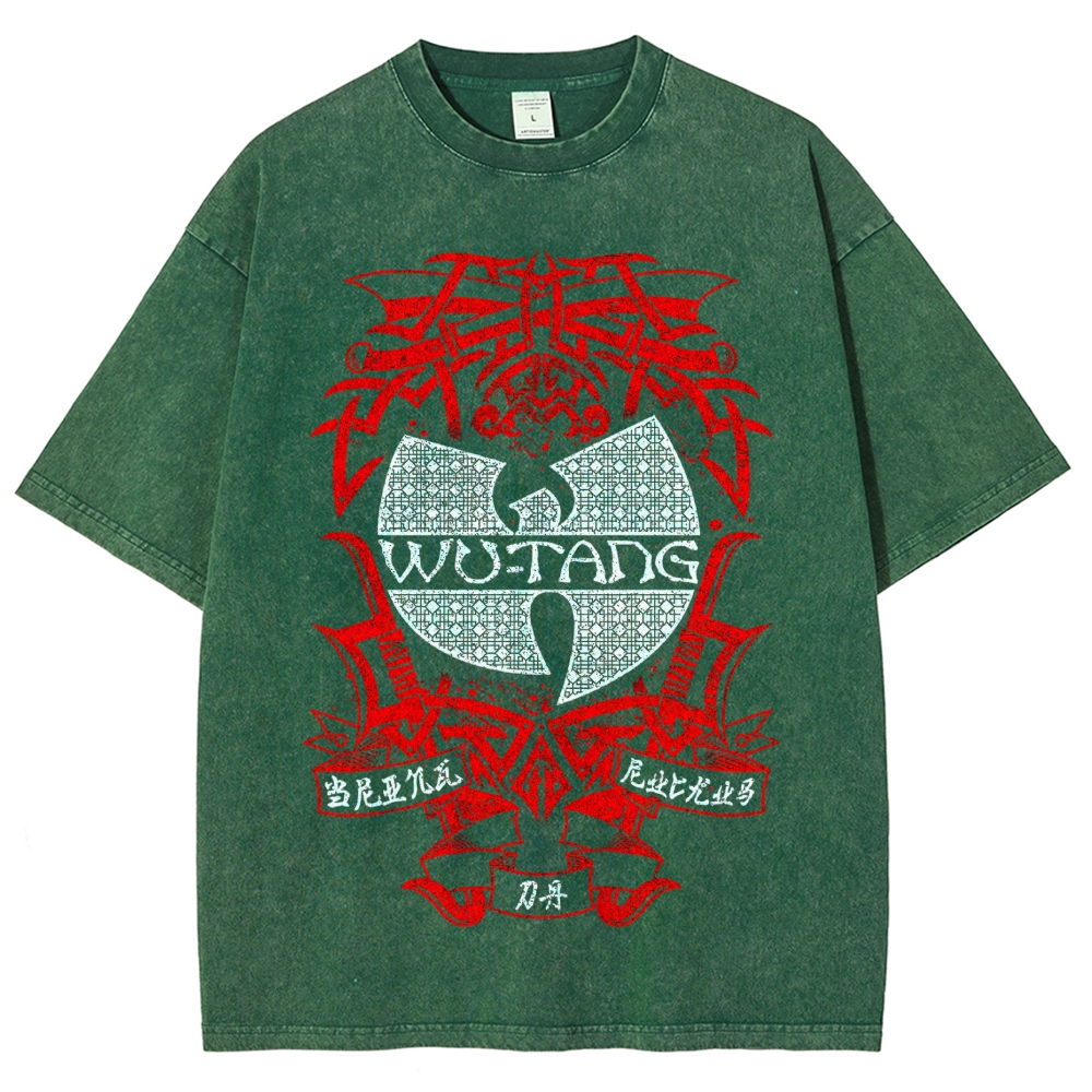 Retro Red Tribal Blade Wu-Tang Clan Logo Chinese Character Cracked Charcoal Vintage Washed T-Shirt