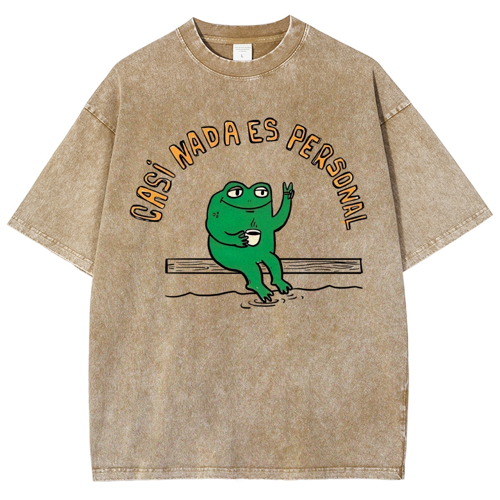 Cartoon Peace Sign Coffee Frog Spanish Chill Quote Vintage Washed T-Shirt