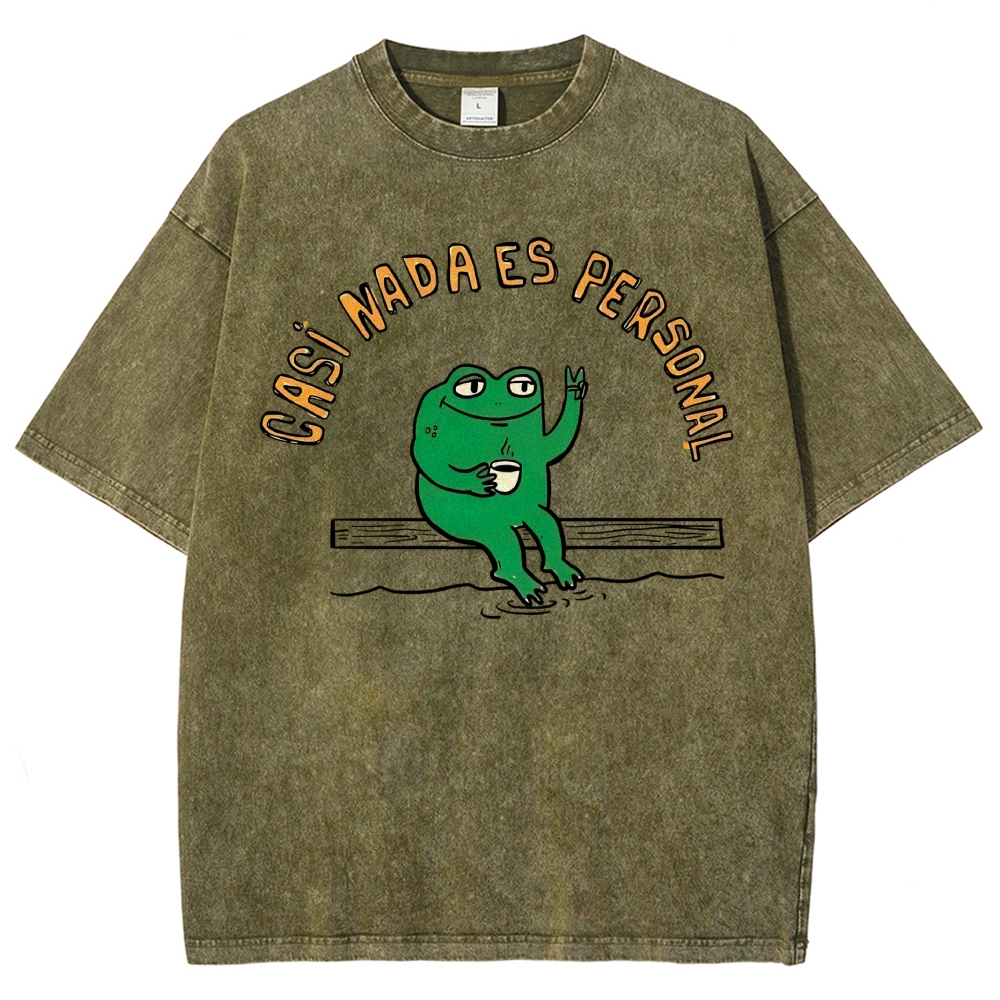 Cartoon Peace Sign Coffee Frog Spanish Chill Quote Vintage Washed T-Shirt