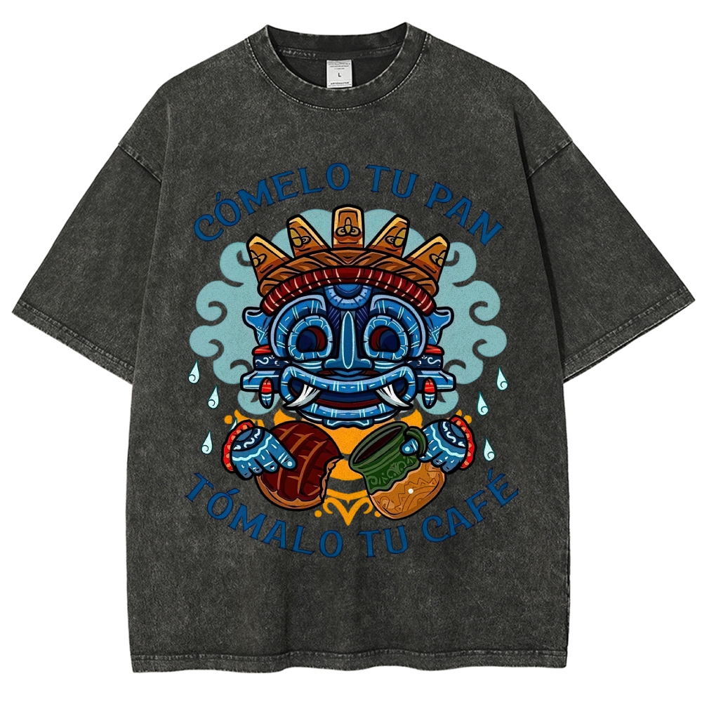 Vibrant Latin American Totem Mask Bread Coffee Spanish Slogan Vintage Washed T-Shirt