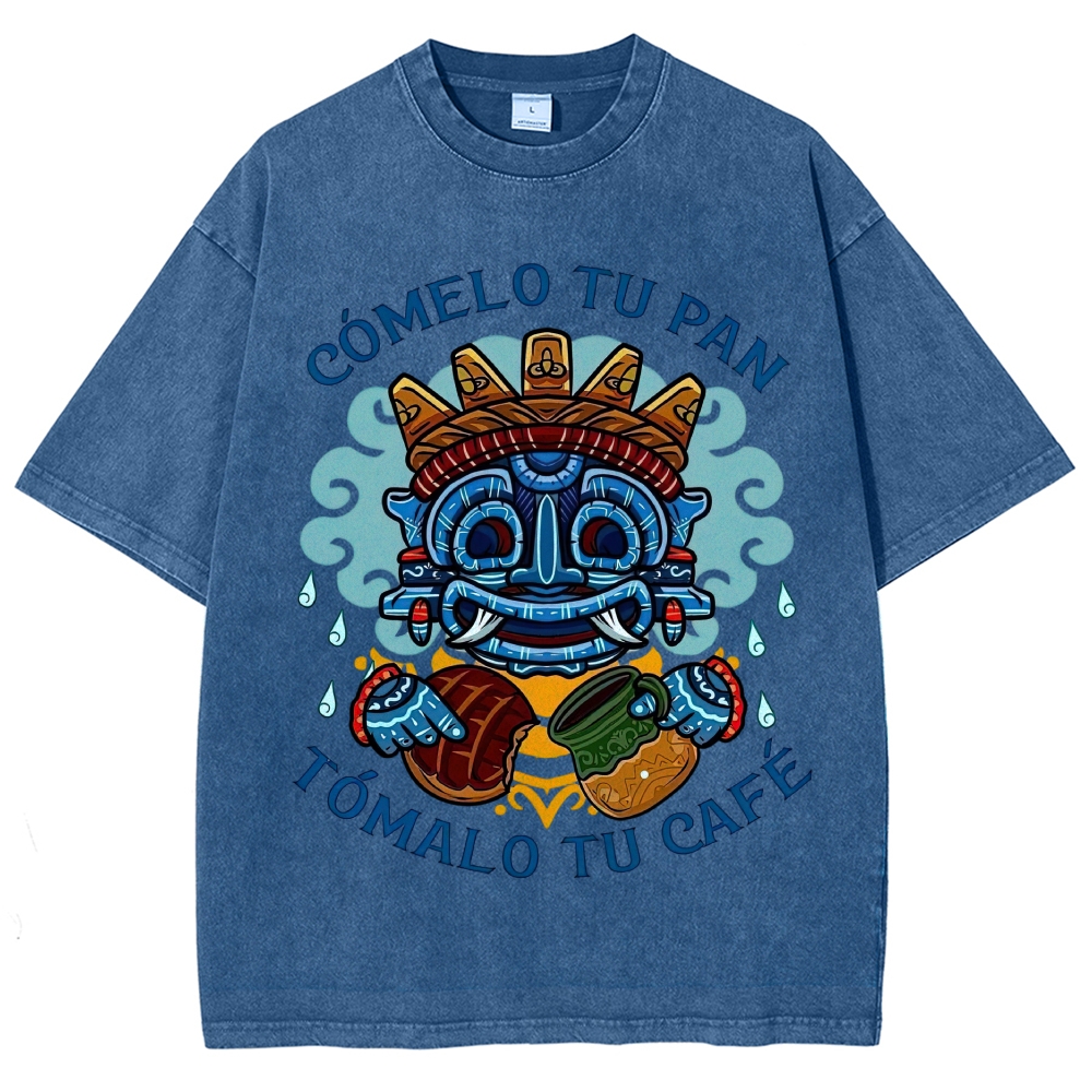 Vibrant Latin American Totem Mask Bread Coffee Spanish Slogan Vintage Washed T-Shirt