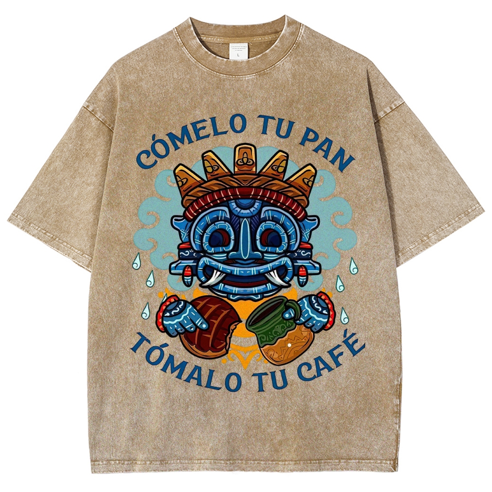 Vibrant Latin American Totem Mask Bread Coffee Spanish Slogan Vintage Washed T-Shirt