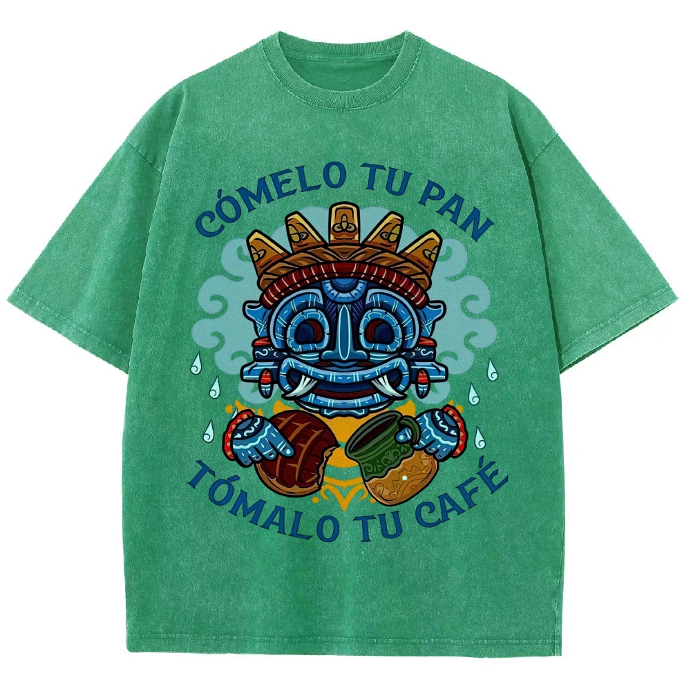 Vibrant Latin American Totem Mask Bread Coffee Spanish Slogan Vintage Washed T-Shirt