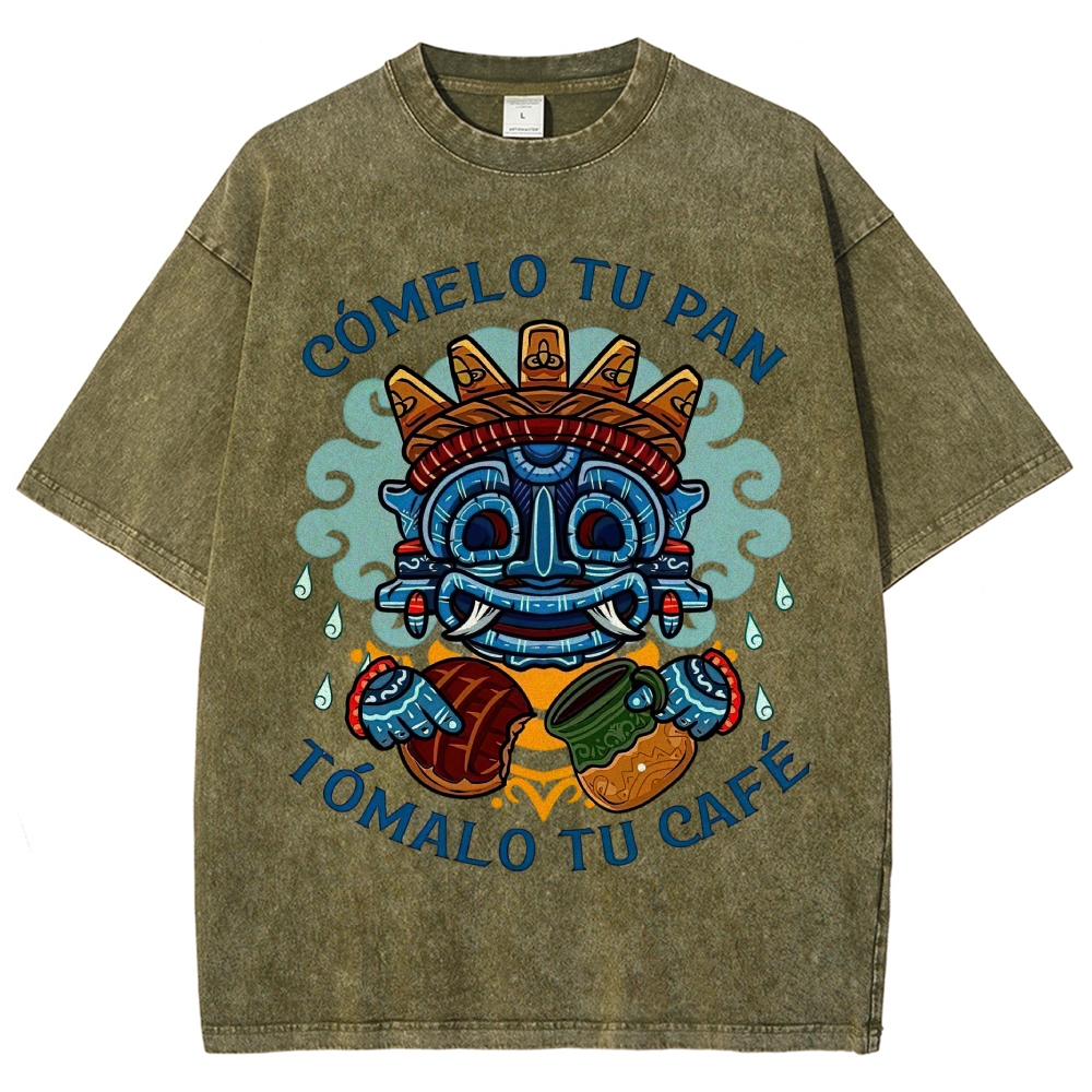 Vibrant Latin American Totem Mask Bread Coffee Spanish Slogan Vintage Washed T-Shirt