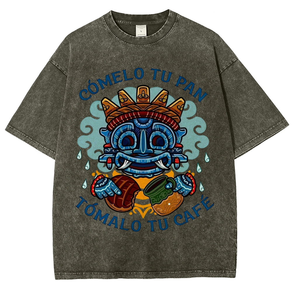 Vibrant Latin American Totem Mask Bread Coffee Spanish Slogan Vintage Washed T-Shirt