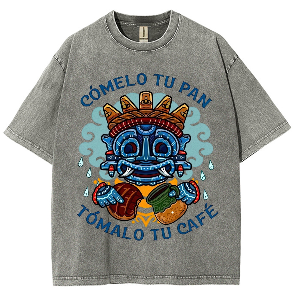 Vibrant Latin American Totem Mask Bread Coffee Spanish Slogan Vintage Washed T-Shirt