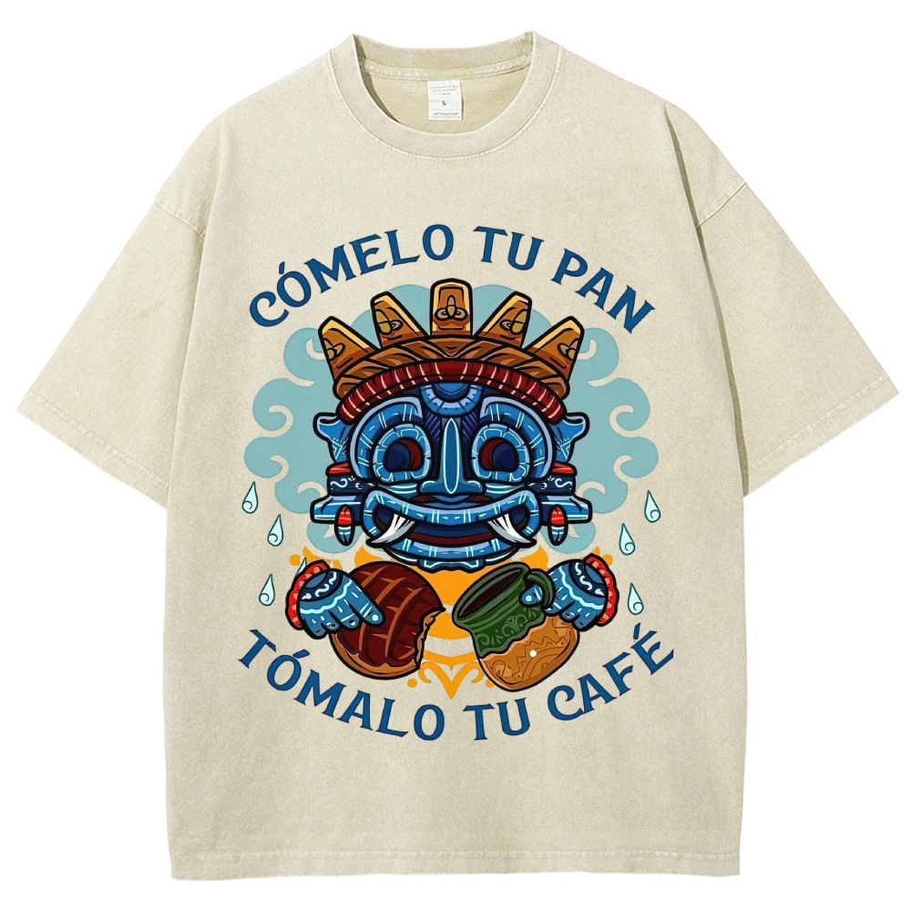 Vibrant Latin American Totem Mask Bread Coffee Spanish Slogan Vintage Washed T-Shirt