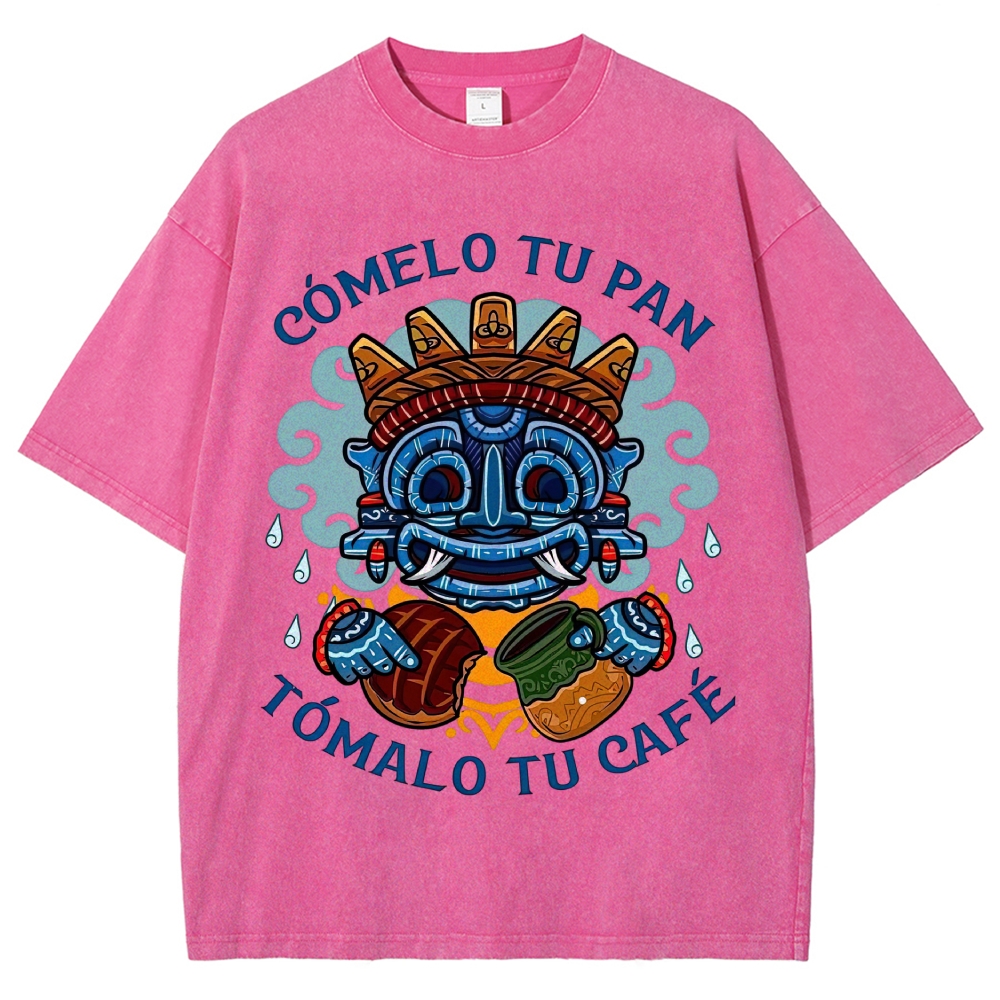Vibrant Latin American Totem Mask Bread Coffee Spanish Slogan Vintage Washed T-Shirt