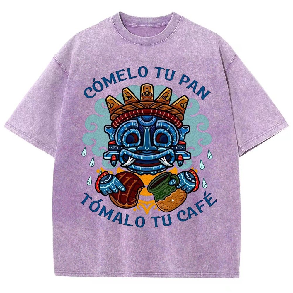 Vibrant Latin American Totem Mask Bread Coffee Spanish Slogan Vintage Washed T-Shirt