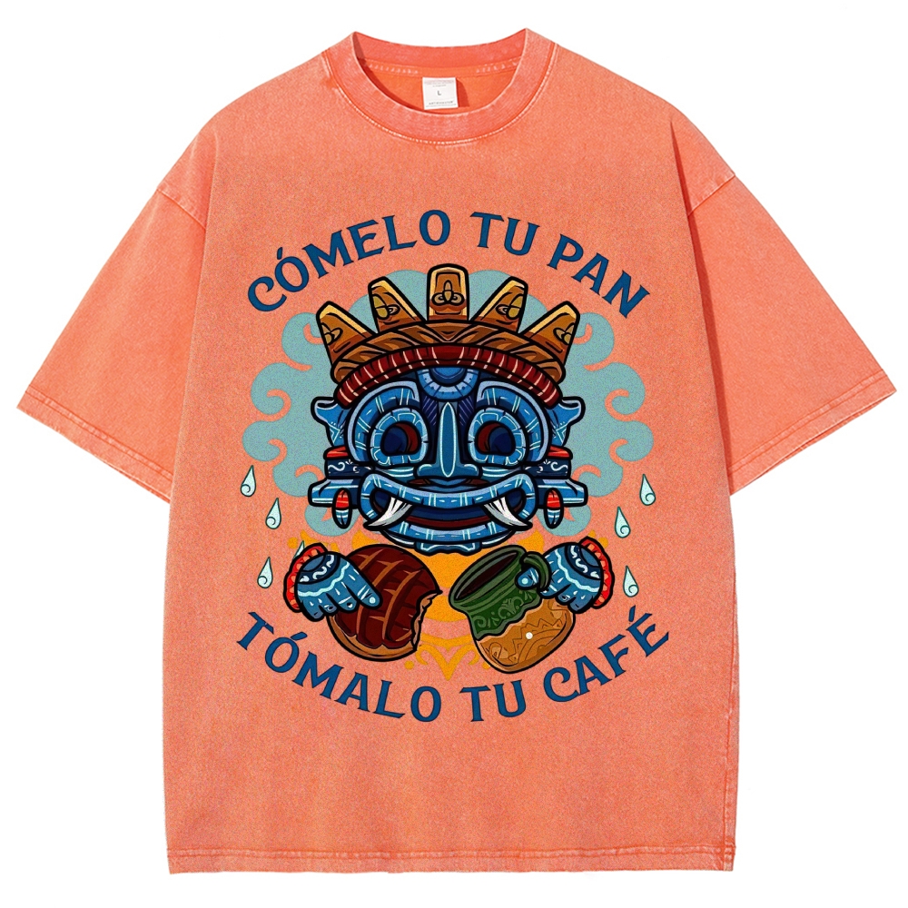 Vibrant Latin American Totem Mask Bread Coffee Spanish Slogan Vintage Washed T-Shirt