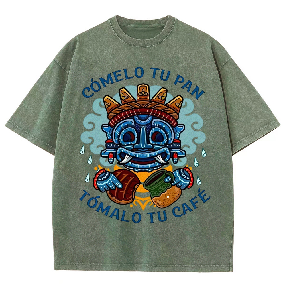 Vibrant Latin American Totem Mask Bread Coffee Spanish Slogan Vintage Washed T-Shirt