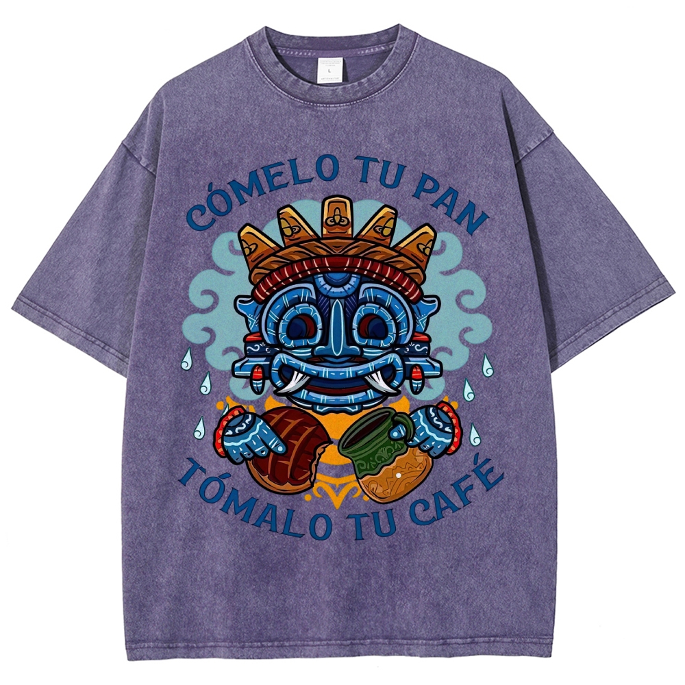 Vibrant Latin American Totem Mask Bread Coffee Spanish Slogan Vintage Washed T-Shirt
