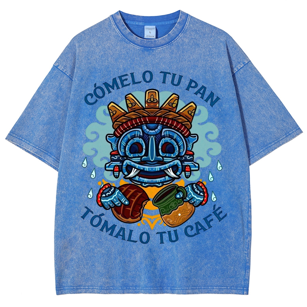 Vibrant Latin American Totem Mask Bread Coffee Spanish Slogan Vintage Washed T-Shirt