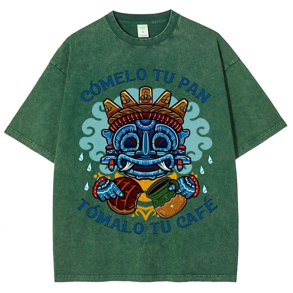 Vibrant Latin American Totem Mask Bread Coffee Spanish Slogan Vintage Washed T-Shirt