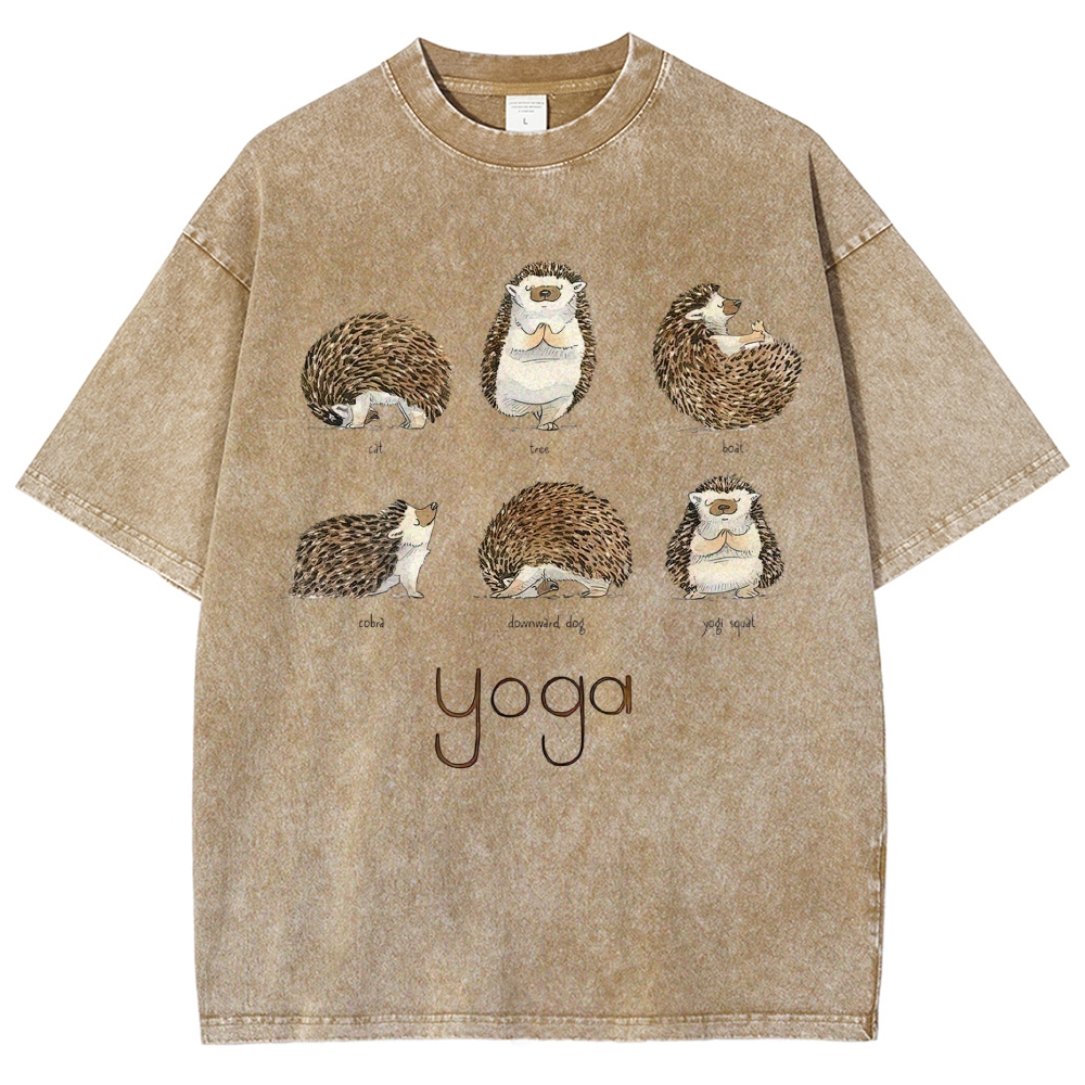Cute Watercolor Hedgehog Six Yoga Poses Chart Vintage Washed T-Shirt