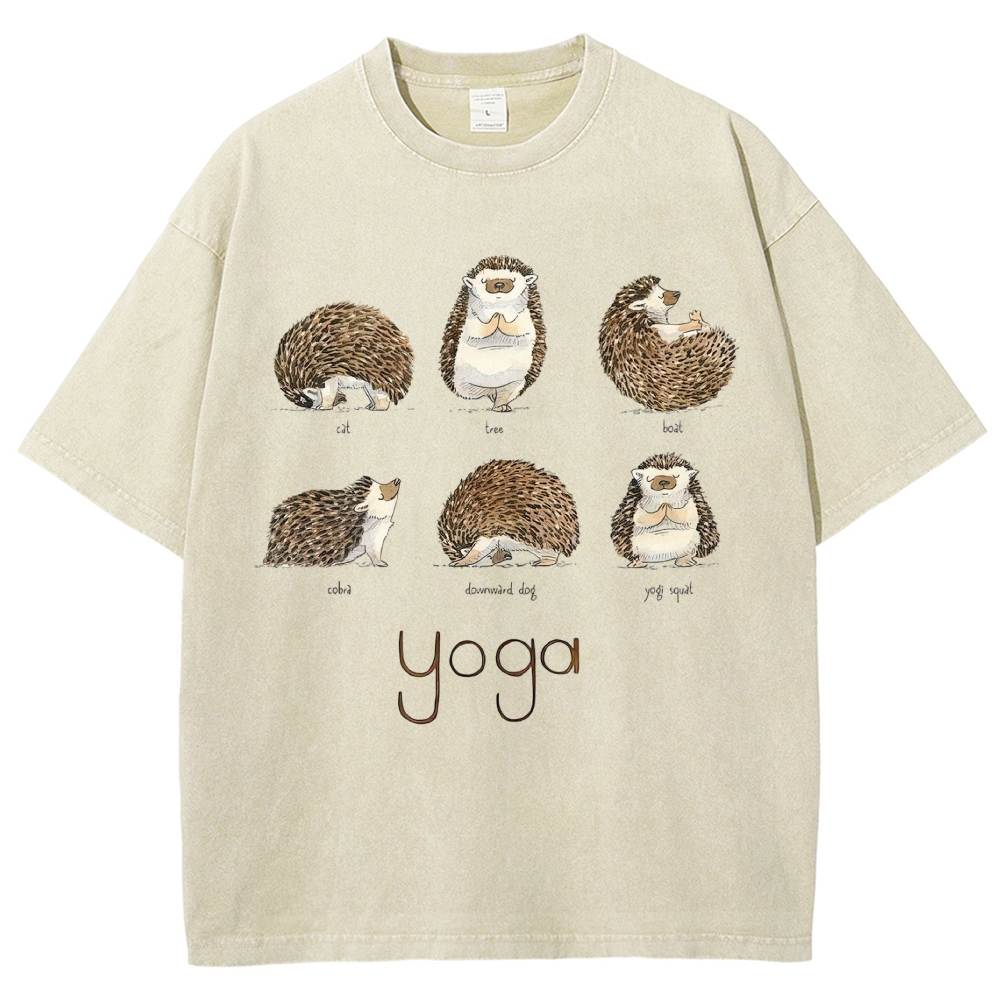 Cute Watercolor Hedgehog Six Yoga Poses Chart Vintage Washed T-Shirt