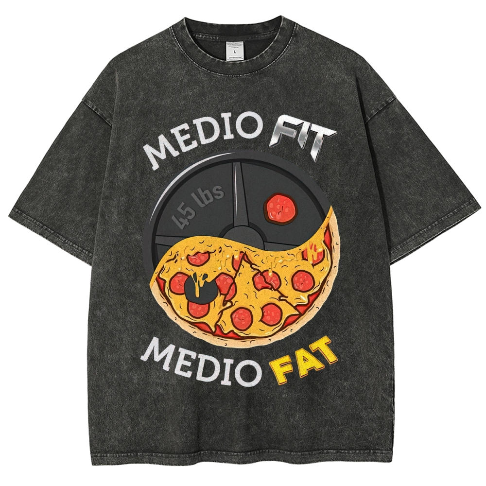 Yin-Yang Split Pizza Weight Plate "Medio Fit Medio Fat" Funny Gym Meme Vintage Washed T-Shirt