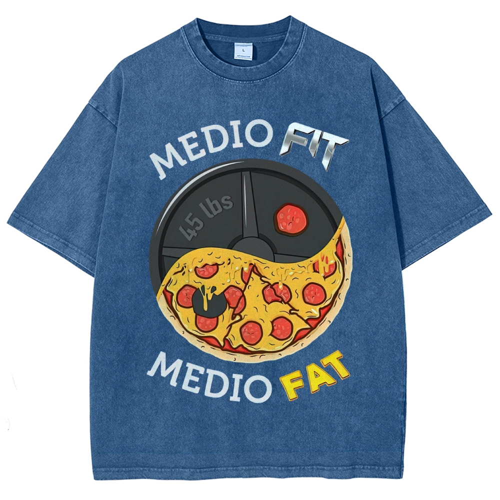 Yin-Yang Split Pizza Weight Plate "Medio Fit Medio Fat" Funny Gym Meme Vintage Washed T-Shirt