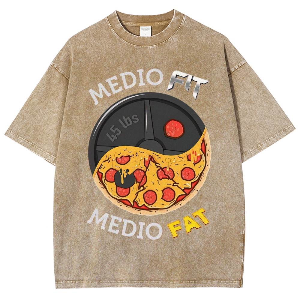 Yin-Yang Split Pizza Weight Plate "Medio Fit Medio Fat" Funny Gym Meme Vintage Washed T-Shirt