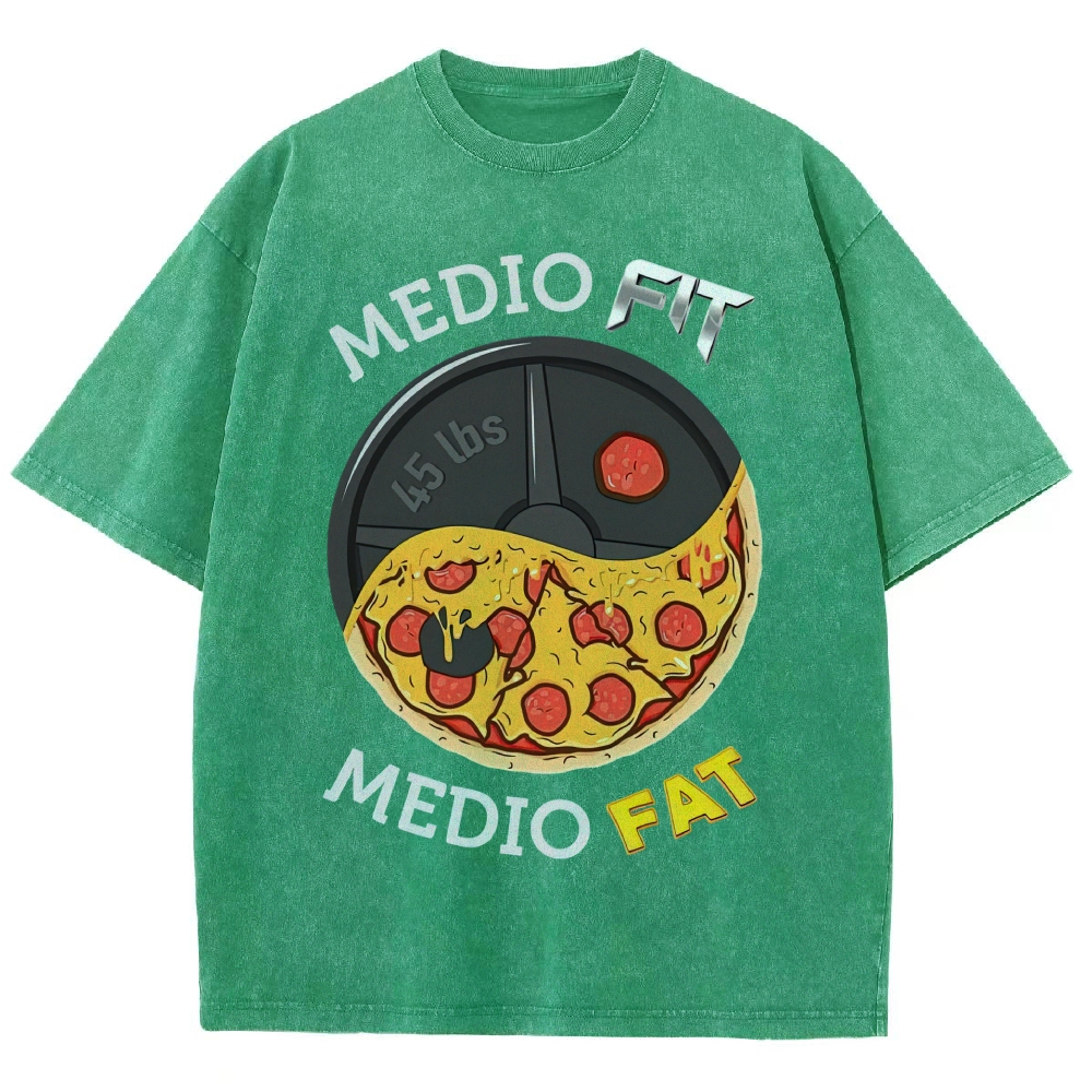 Yin-Yang Split Pizza Weight Plate "Medio Fit Medio Fat" Funny Gym Meme Vintage Washed T-Shirt