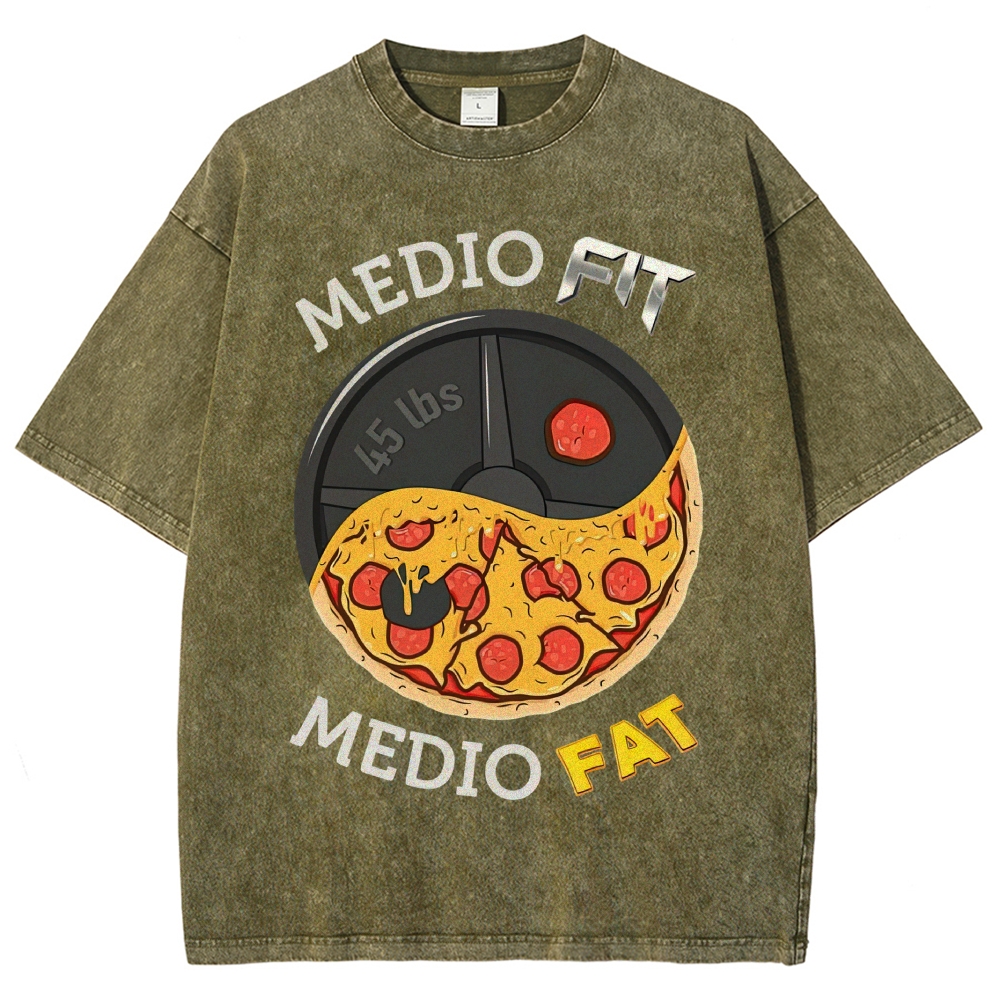 Yin-Yang Split Pizza Weight Plate "Medio Fit Medio Fat" Funny Gym Meme Vintage Washed T-Shirt