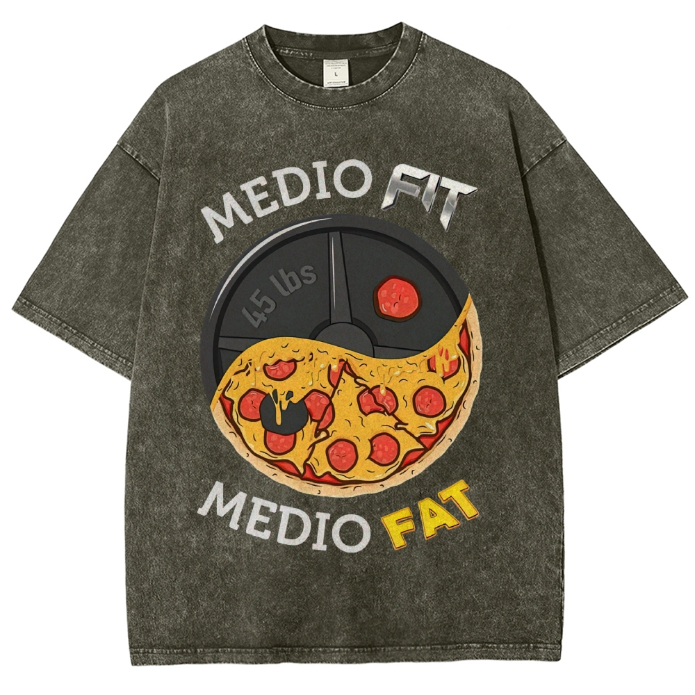 Yin-Yang Split Pizza Weight Plate "Medio Fit Medio Fat" Funny Gym Meme Vintage Washed T-Shirt