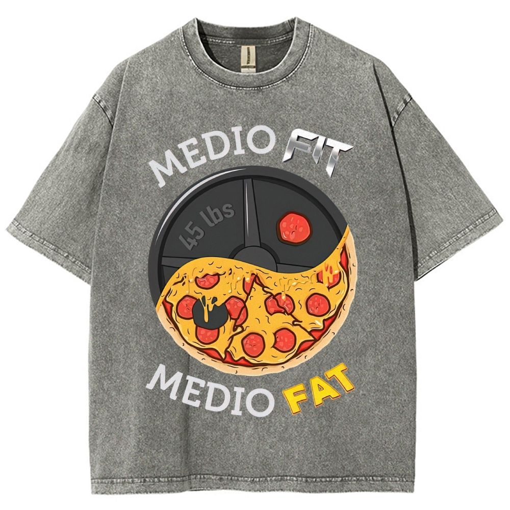 Yin-Yang Split Pizza Weight Plate "Medio Fit Medio Fat" Funny Gym Meme Vintage Washed T-Shirt