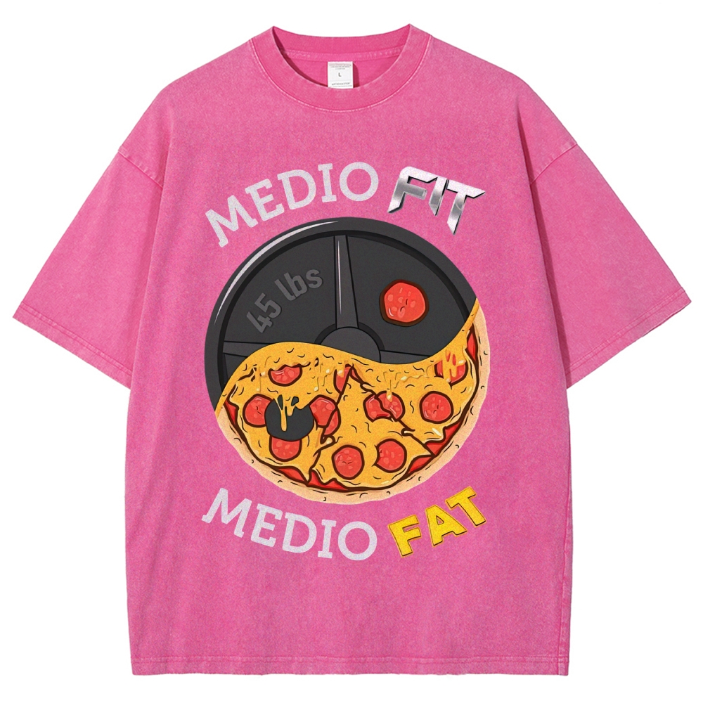 Yin-Yang Split Pizza Weight Plate "Medio Fit Medio Fat" Funny Gym Meme Vintage Washed T-Shirt