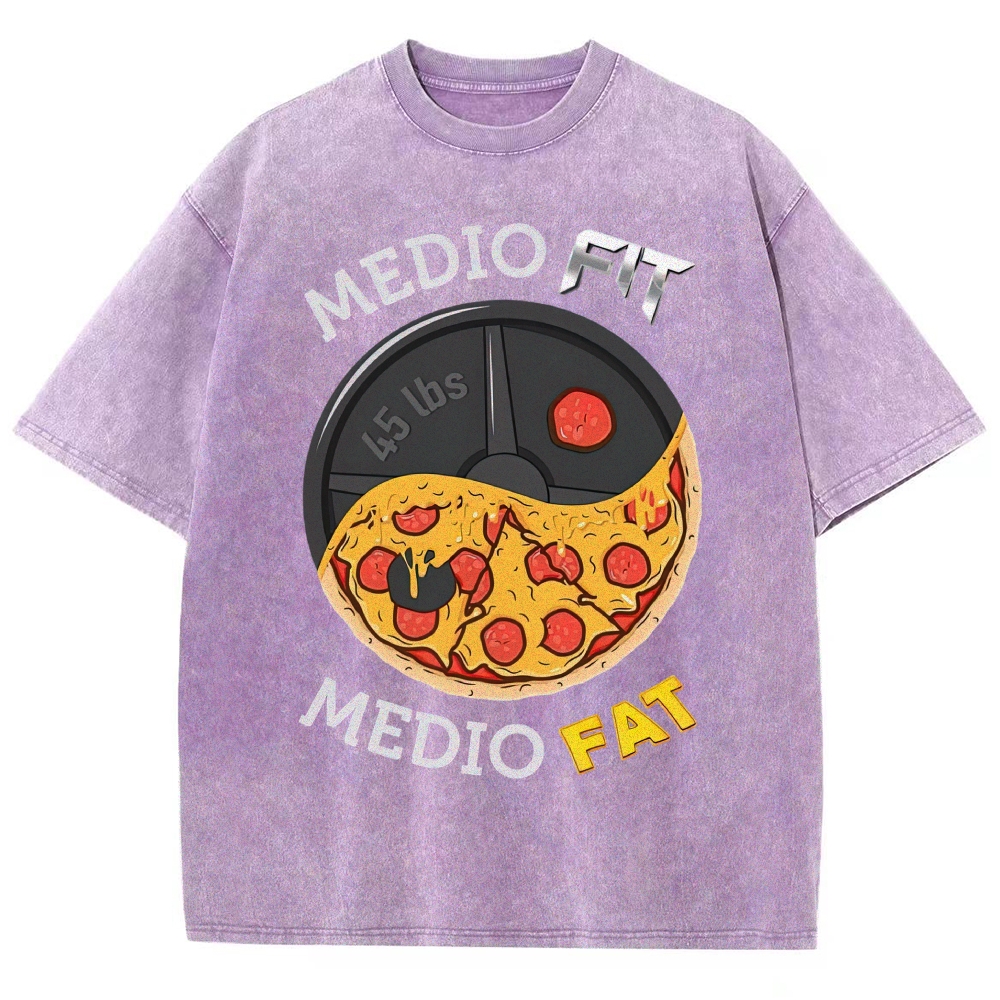 Yin-Yang Split Pizza Weight Plate "Medio Fit Medio Fat" Funny Gym Meme Vintage Washed T-Shirt