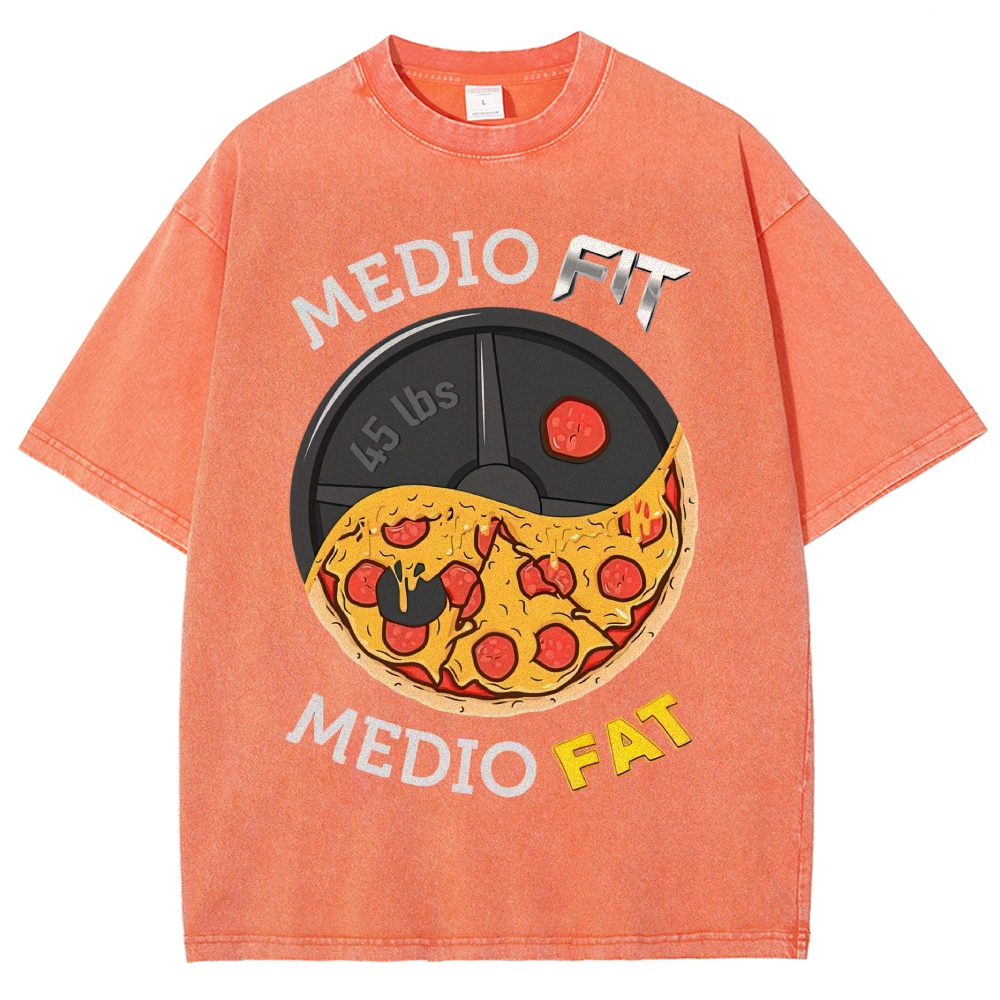 Yin-Yang Split Pizza Weight Plate "Medio Fit Medio Fat" Funny Gym Meme Vintage Washed T-Shirt