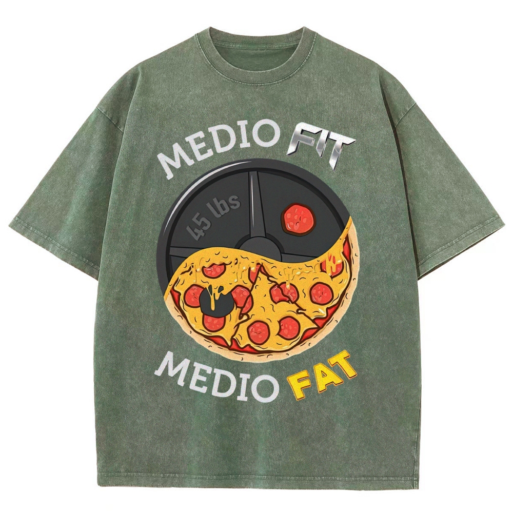 Yin-Yang Split Pizza Weight Plate "Medio Fit Medio Fat" Funny Gym Meme Vintage Washed T-Shirt