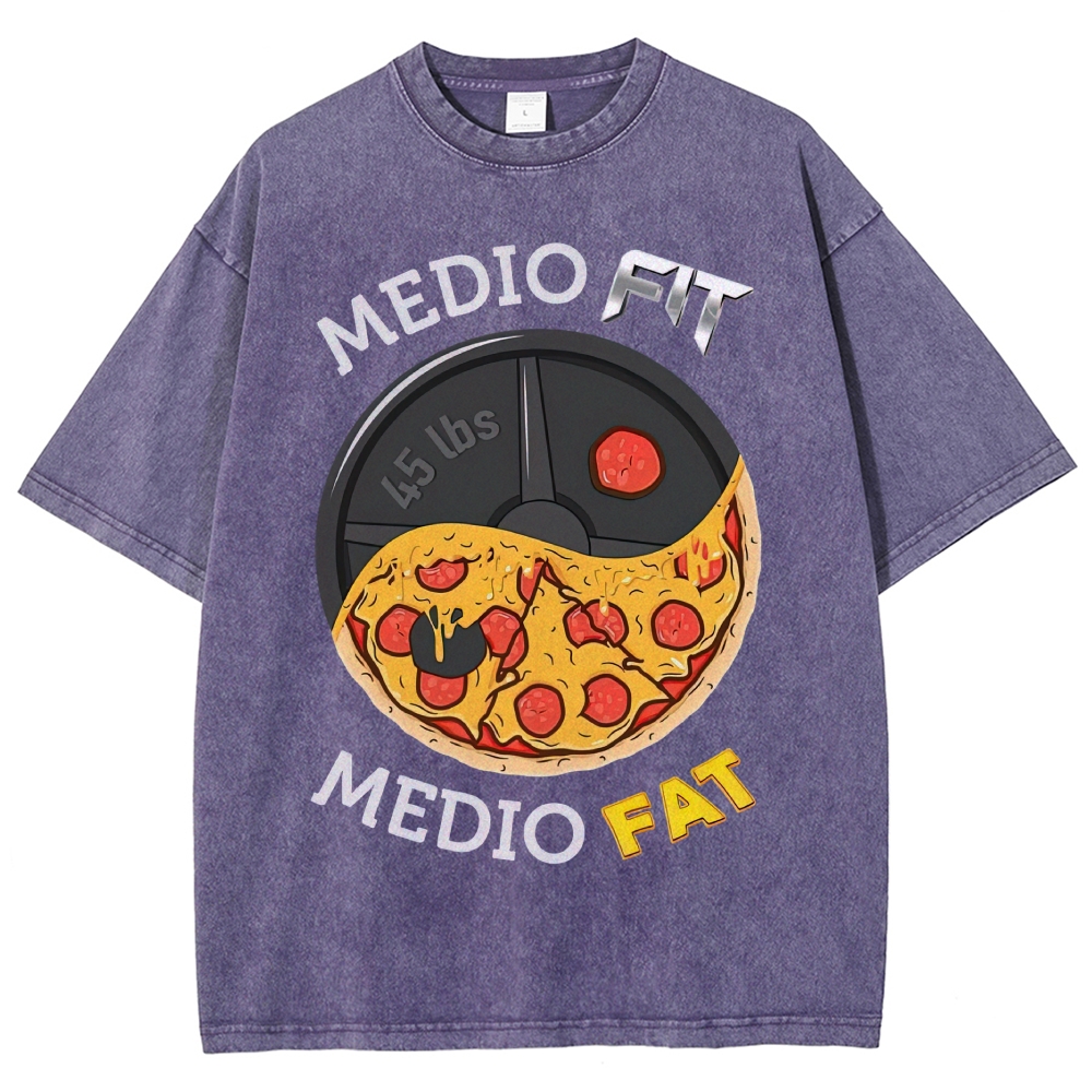 Yin-Yang Split Pizza Weight Plate "Medio Fit Medio Fat" Funny Gym Meme Vintage Washed T-Shirt