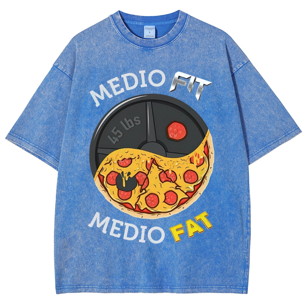 Yin-Yang Split Pizza Weight Plate "Medio Fit Medio Fat" Funny Gym Meme Vintage Washed T-Shirt