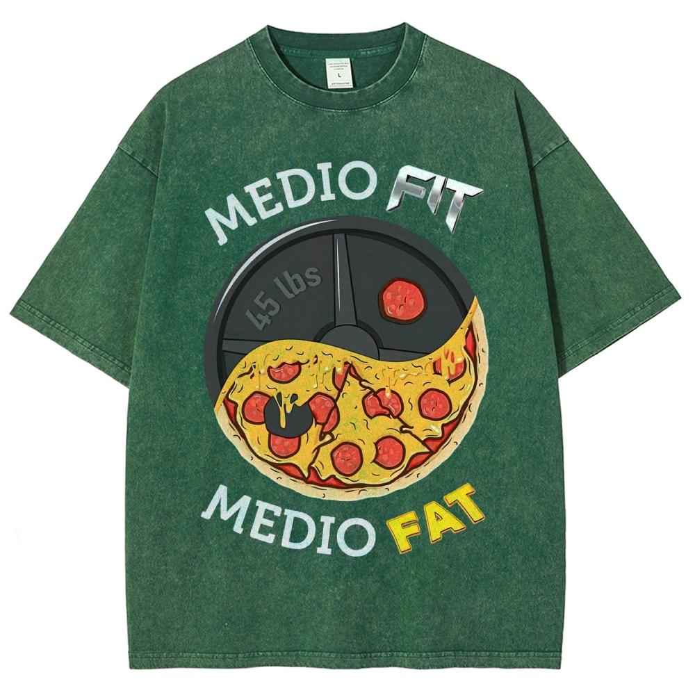 Yin-Yang Split Pizza Weight Plate "Medio Fit Medio Fat" Funny Gym Meme Vintage Washed T-Shirt