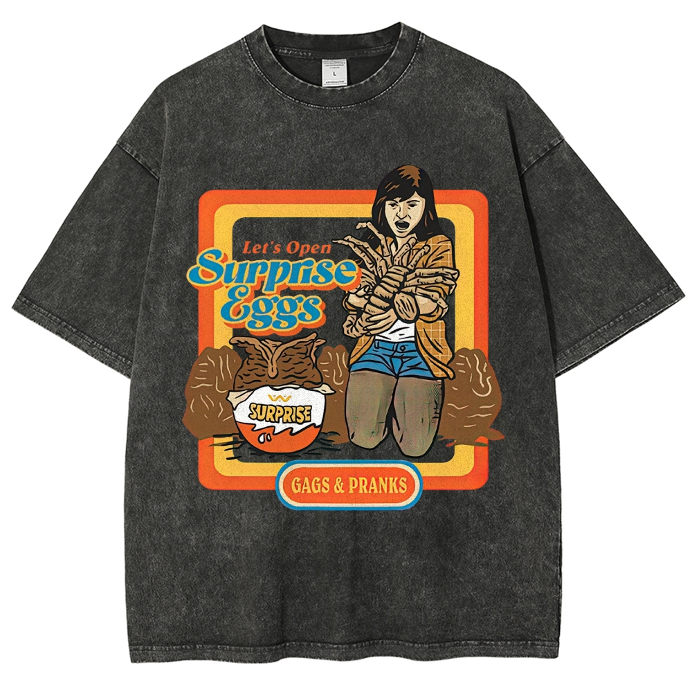 Retro 70s Comic Surprise Egg Monster Tentacle Woman Horror Parody Vintage Washed T-Shirt