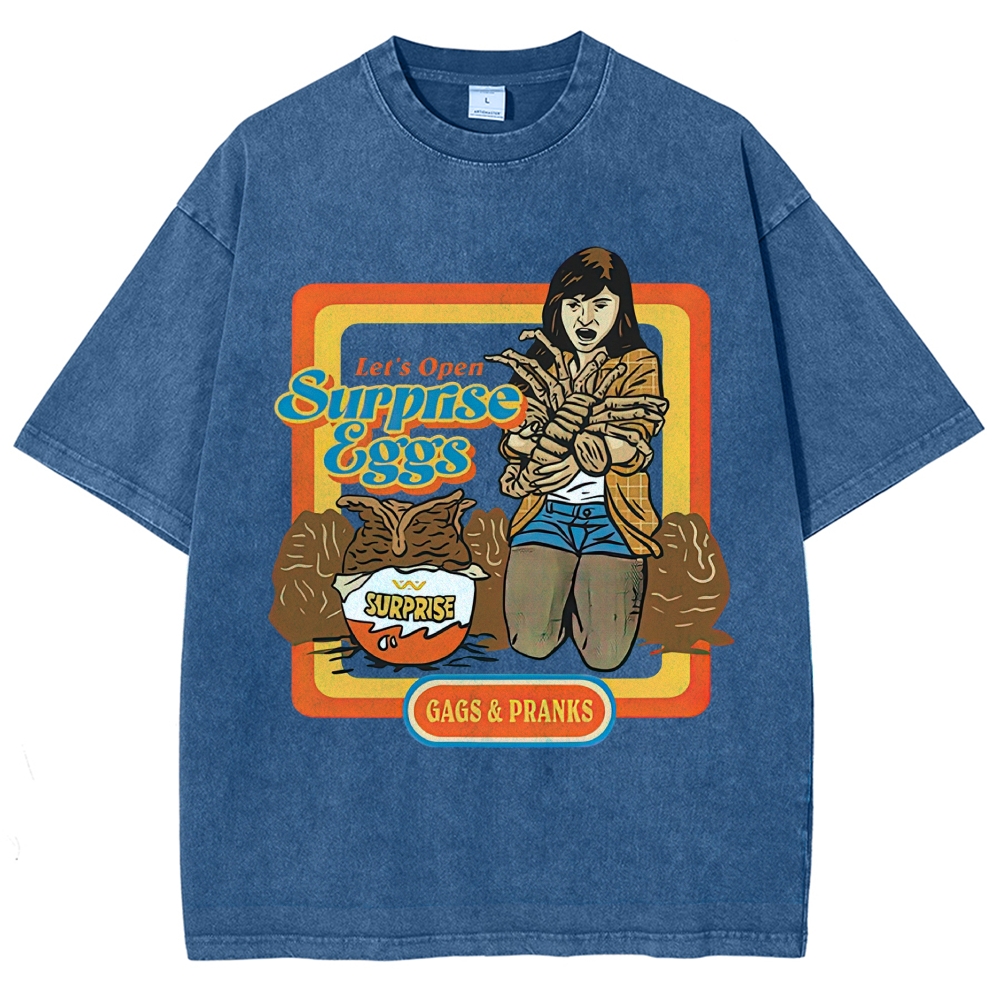 Retro 70s Comic Surprise Egg Monster Tentacle Woman Horror Parody Vintage Washed T-Shirt